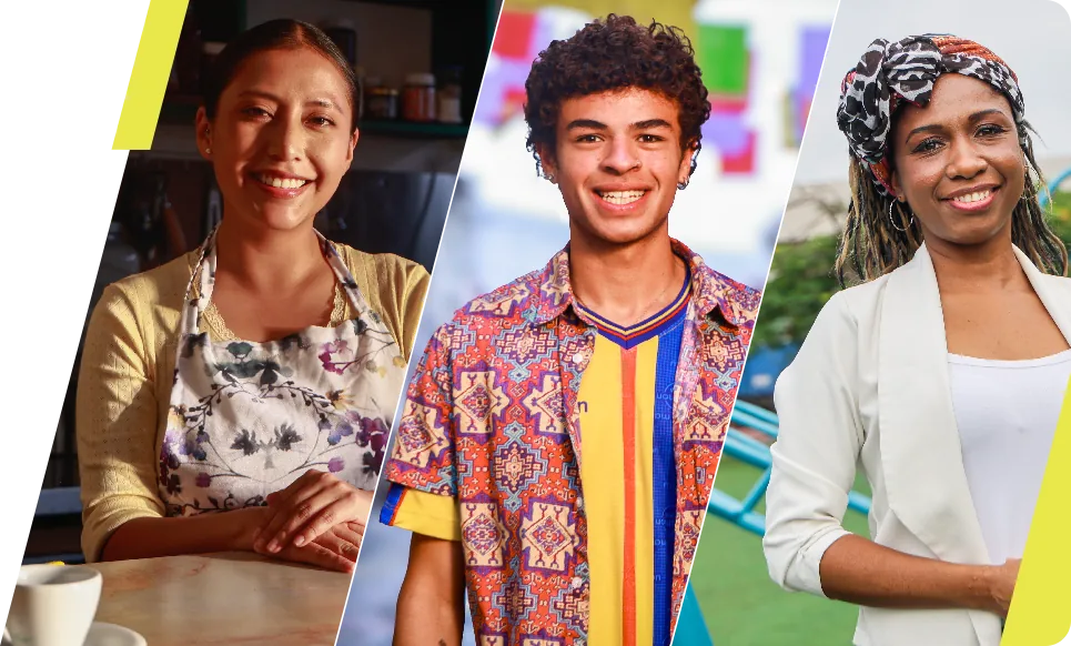 Tres personas sonrientes de la comunidad de la Academia
